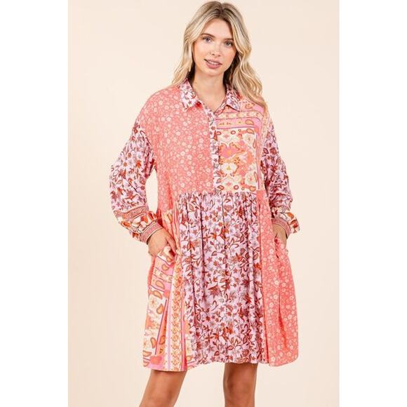 Mittoshop Floral Pattern Button Detail Long Sleeves Mini Shirt Dress | Coral - Picture 4 of 7
